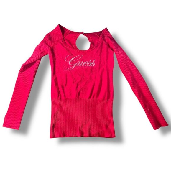 Vintage Guess Red Rhinestone Logo Keyhole Top - Picture 1 of 6